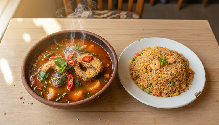 Overhead view of pepper soup in a bowl with catfish, herbs and chilli beside a plate of fried rice.
