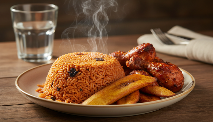 Close-up view of smoky Jollof rice served with pepper chicken and fried plantain.