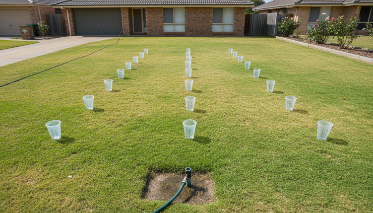 Overhead view of an Adelaide lawn with sprinkler cups set out for an irrigation test