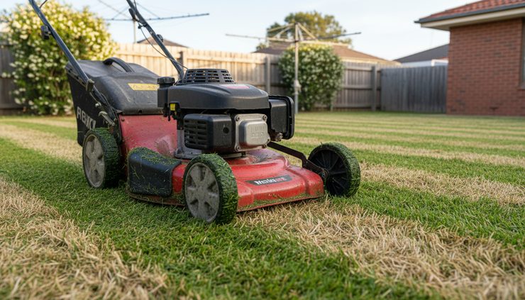 Close-up view of a mower cutting a recovering Buffalo lawn in spring