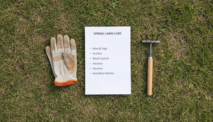 Top-down view of a lawn care checklist beside garden gloves on spring grass