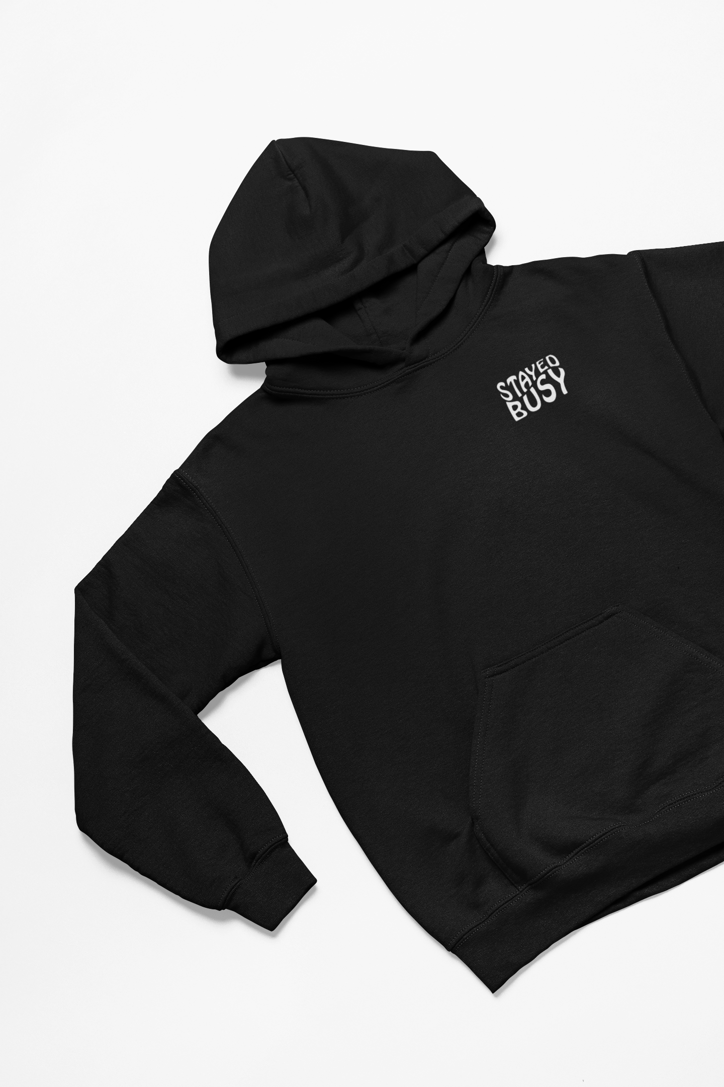 Black hoodie with white stayed busy crest logo
