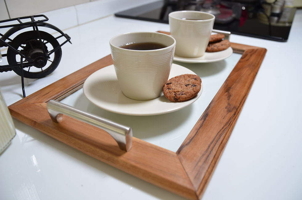 Thumbnail: Wooden framed glass rectangle serving tray