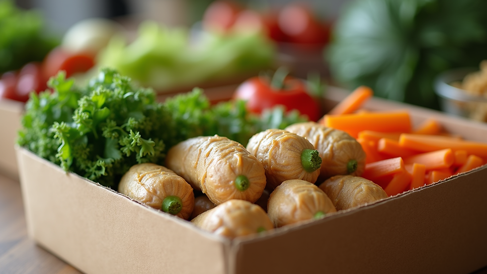 Close-up view of a neatly packed family meal box with fresh ingredients