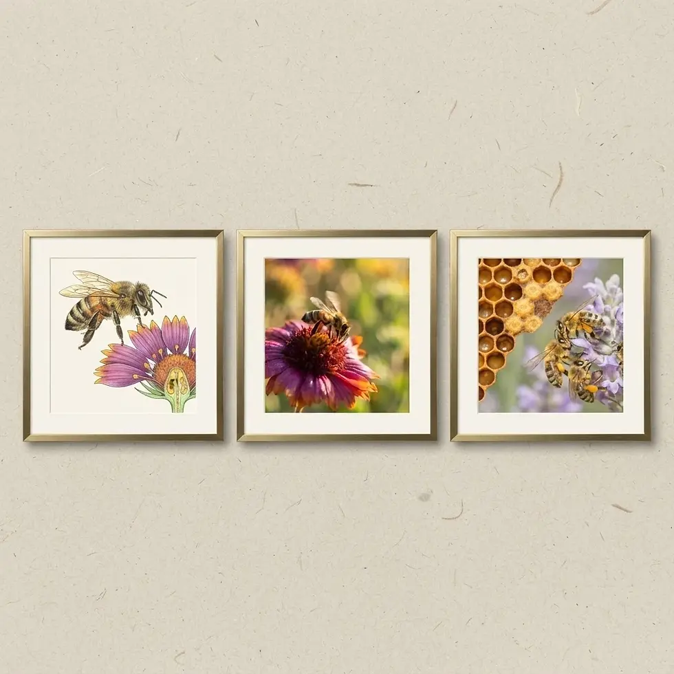 Digital illustration and photography of bees on flowers and honeycomb. The framed pieces offer a charming artistic look at a bee's world.