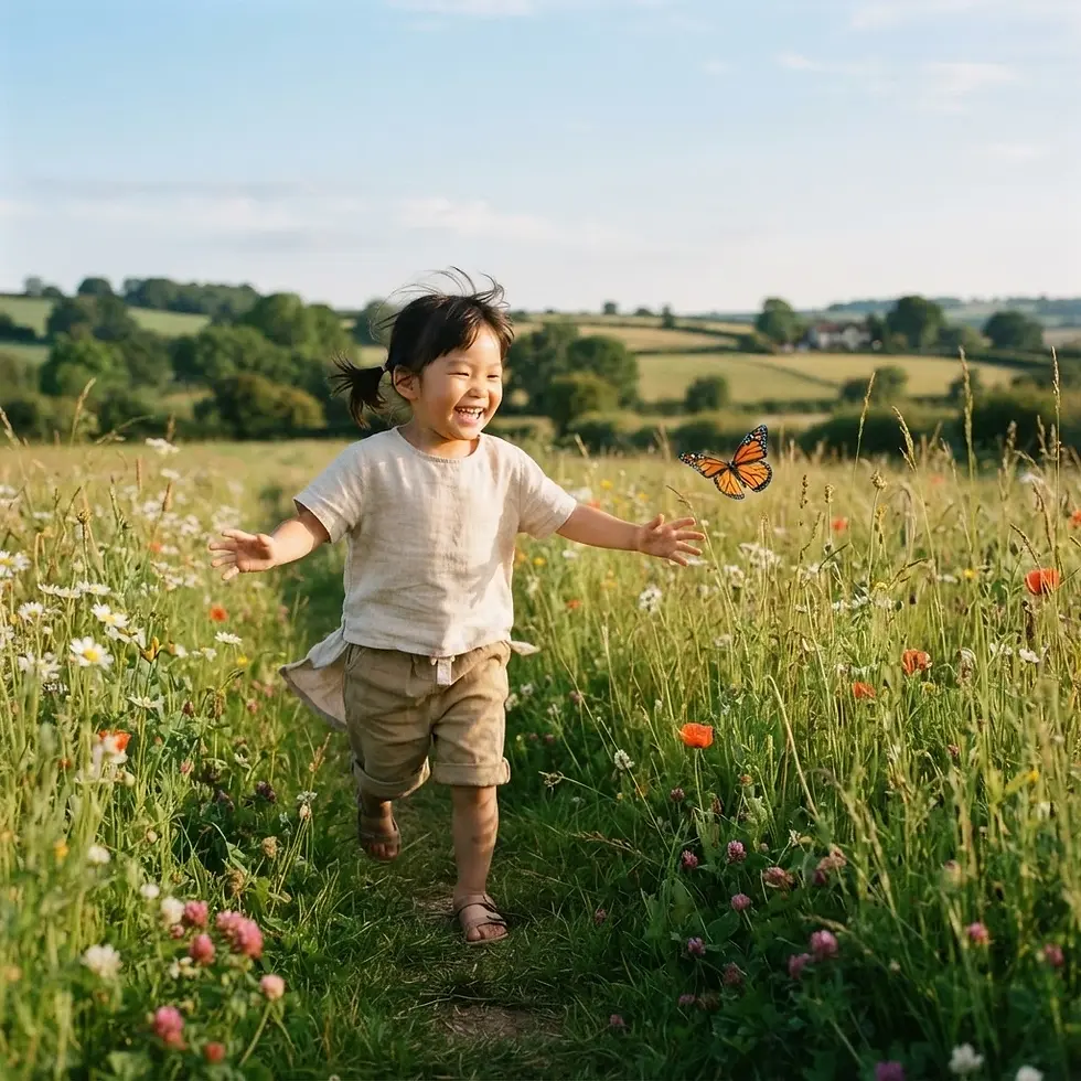 Outdoor photography of a joyful child running through a sunlit wildflower field after a butterfly. The scene captures a moment of innocent summer play.