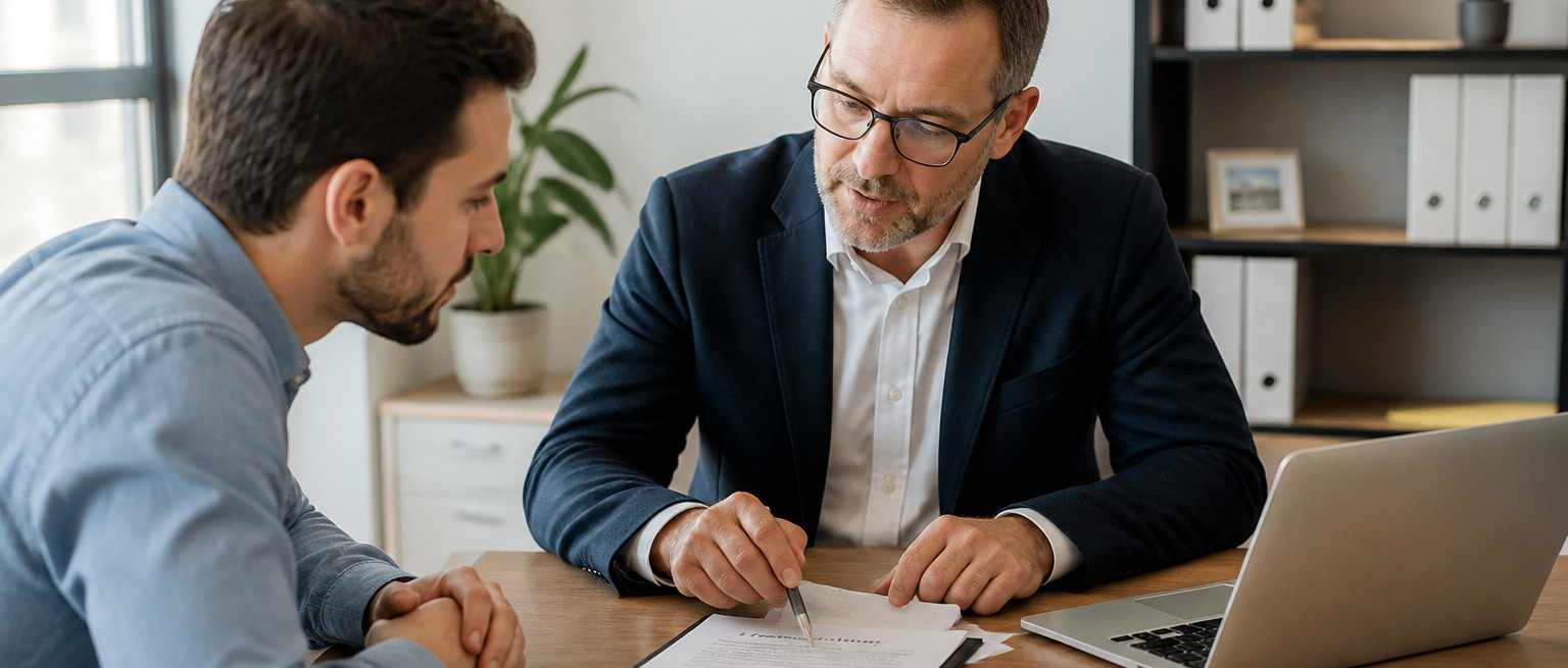 expert d'assuré en réunion avec un client sur un dossier d'indemnisation après un sinistre