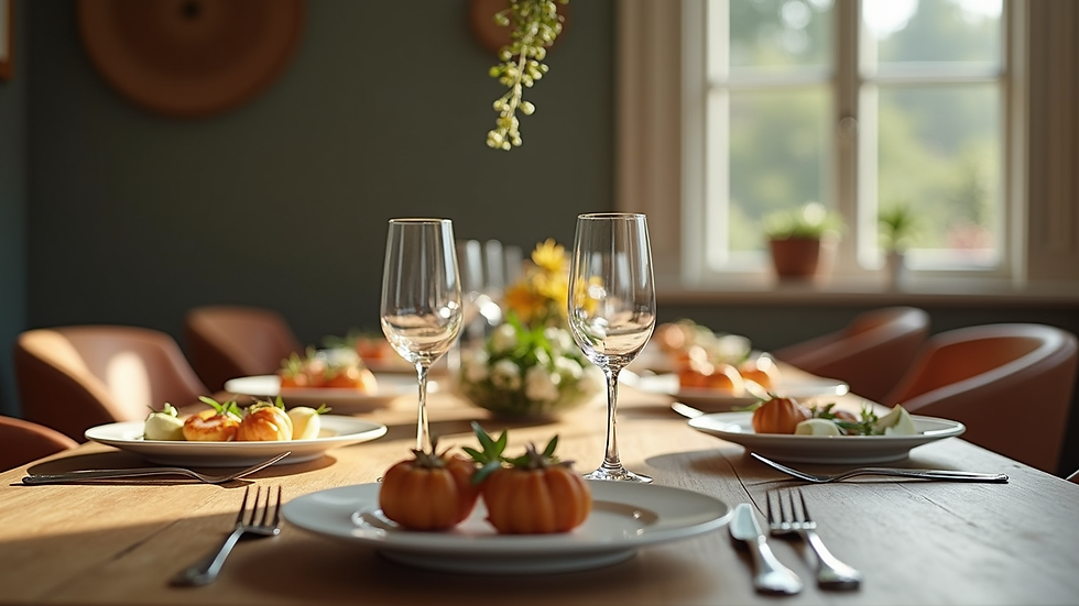 Eye-level view of a beautifully arranged dining table with unique tableware