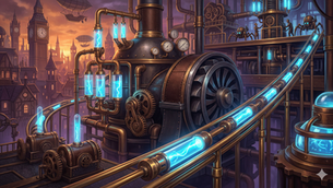 Steampunk image of an engine in London