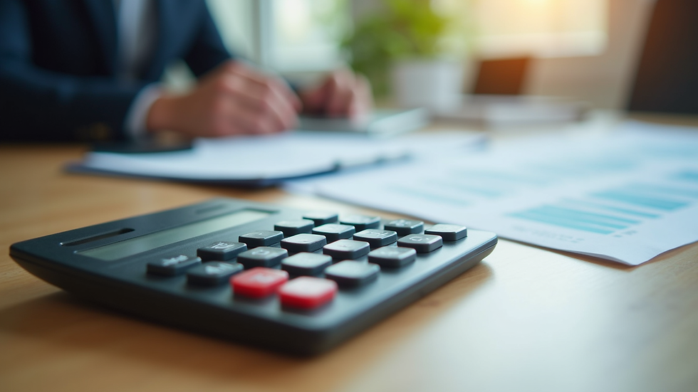 Close-up of a calculator and financial documents on a wooden table