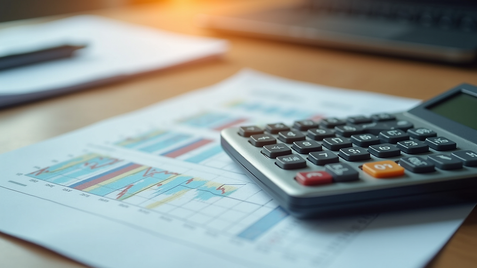High angle view of a calculator and financial documents on a table