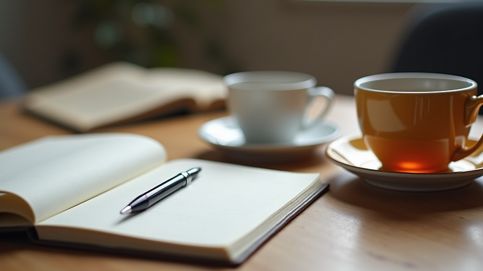 Close-up view of a notebook with a pen and a cup of tea on a wooden table