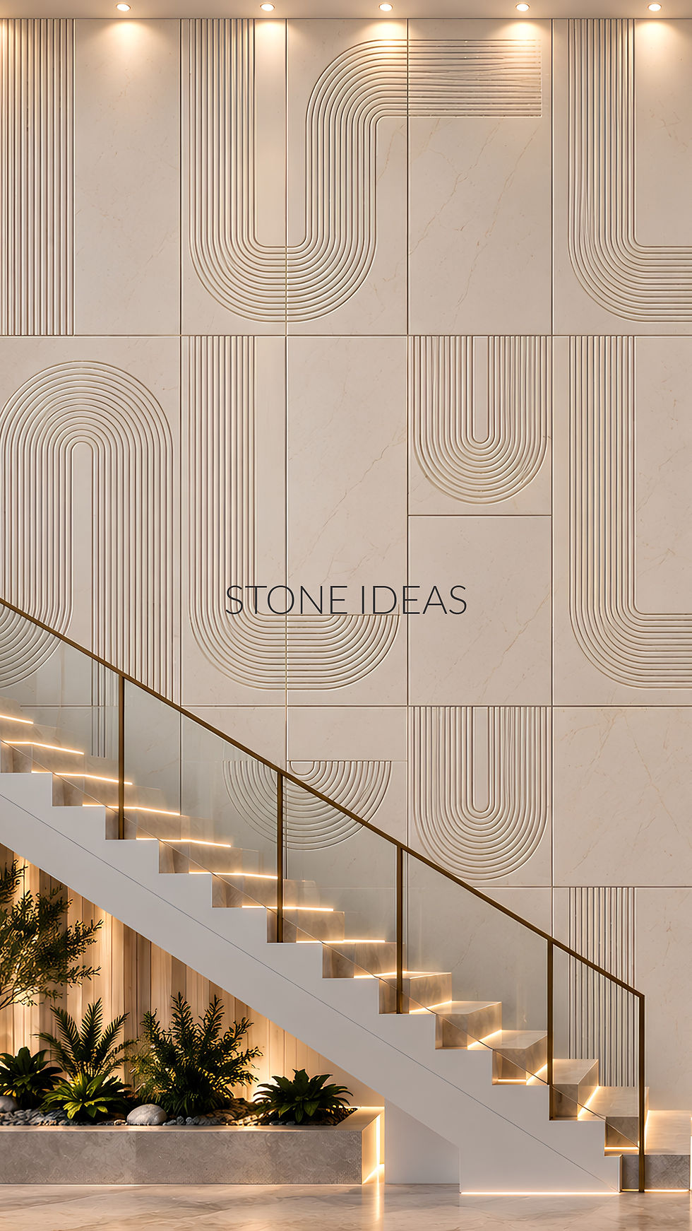 minimal stone design for staircase double height wall