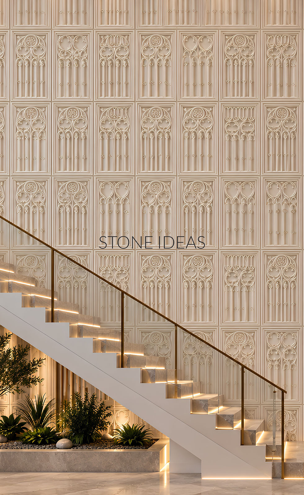 arch inspired stone panels for staircase stone wall