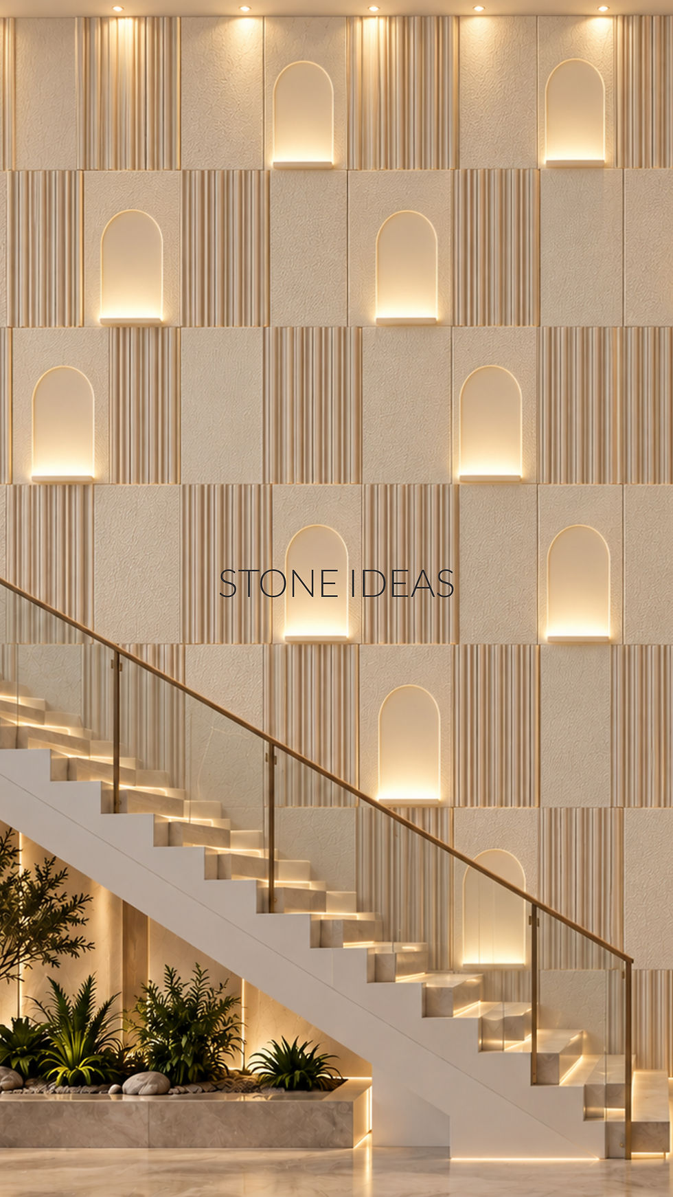 fluted stone panels for staircase double height wall