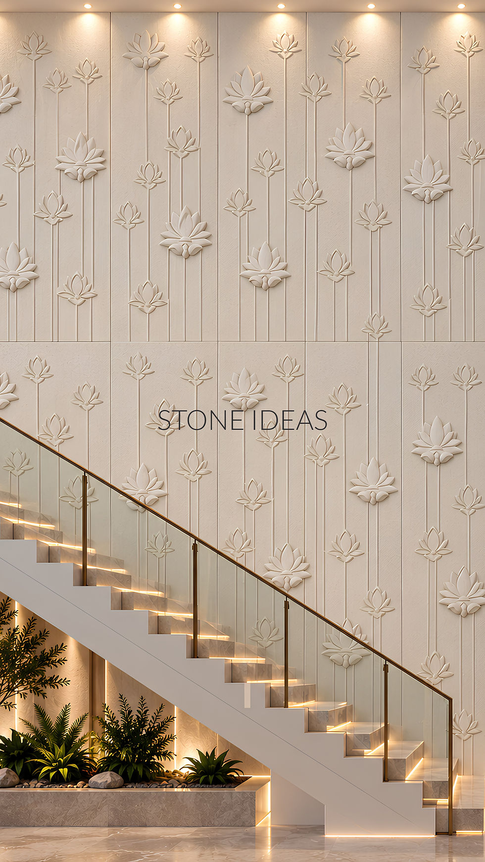 lotus flower inspired stone wall for staircase wall