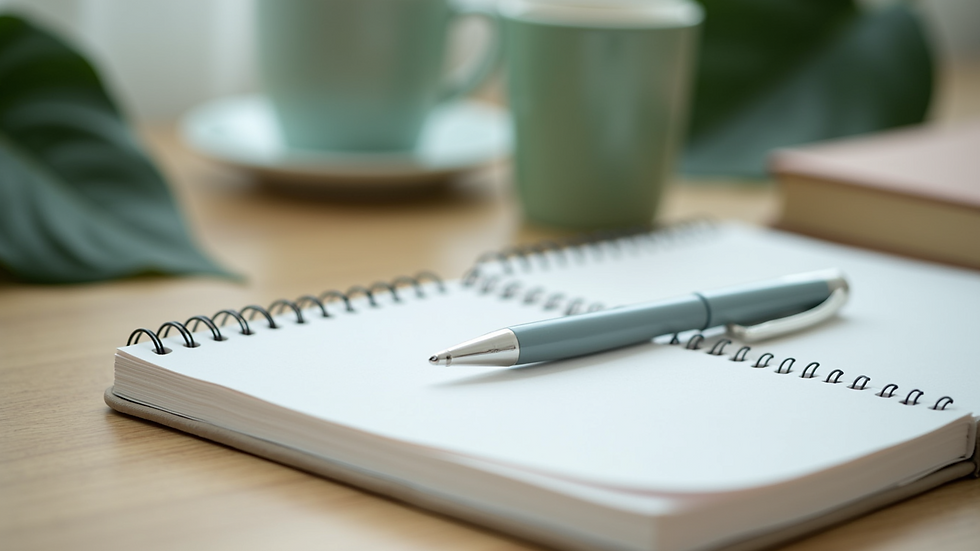 Close-up view of a notebook and pen on a wooden desk, ready for journaling
