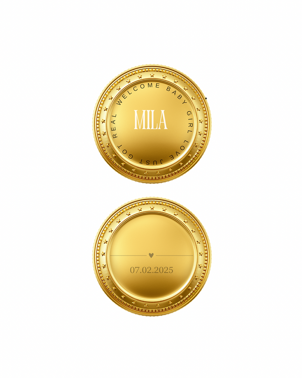 Golmünze mit Schriftzug Welcome Babygirl Mila