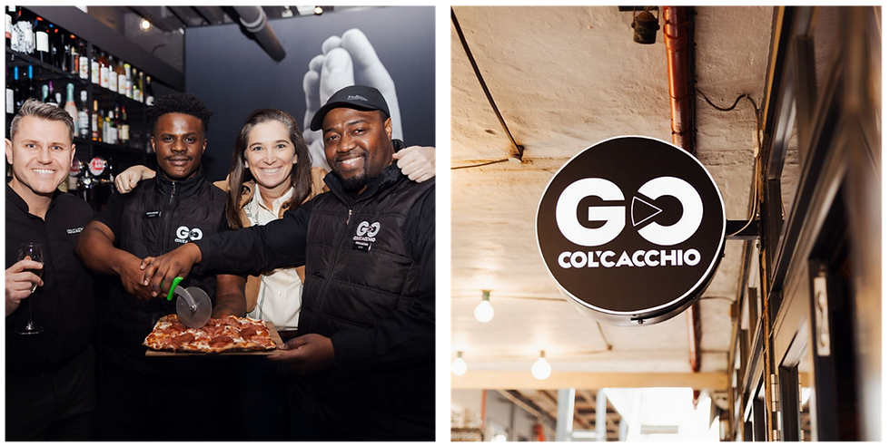 Group CEO of Col’Cacchio Etienne Pieterse pictured with franchise co-owner Pamela Boardman and her OBM management team – George Baruti and Lucky Mankumpuza.