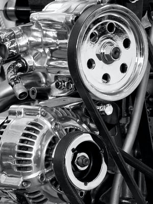 Black and white picture of detailed view of engine