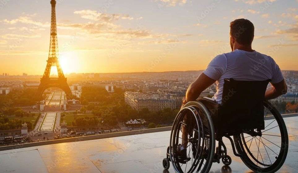 ETHIRA NDIS Tour Planning service, disability man in wheelchair marvels at sunset over Eiffel Tow