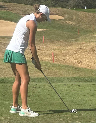 Tippecanoe Valley sophomore Savana Miller addresses her tee shot on the par-3 fourth hole at the IHSAA state finals at Prairie View Golf Club in Carmel Saturday. Miller shot a 91 and is tied for 68th in the field of 108 players. She will tee off at 8:40 a.m. from the back nine for her second round today. Miller is the first player in Valley history to make state in girls golf.