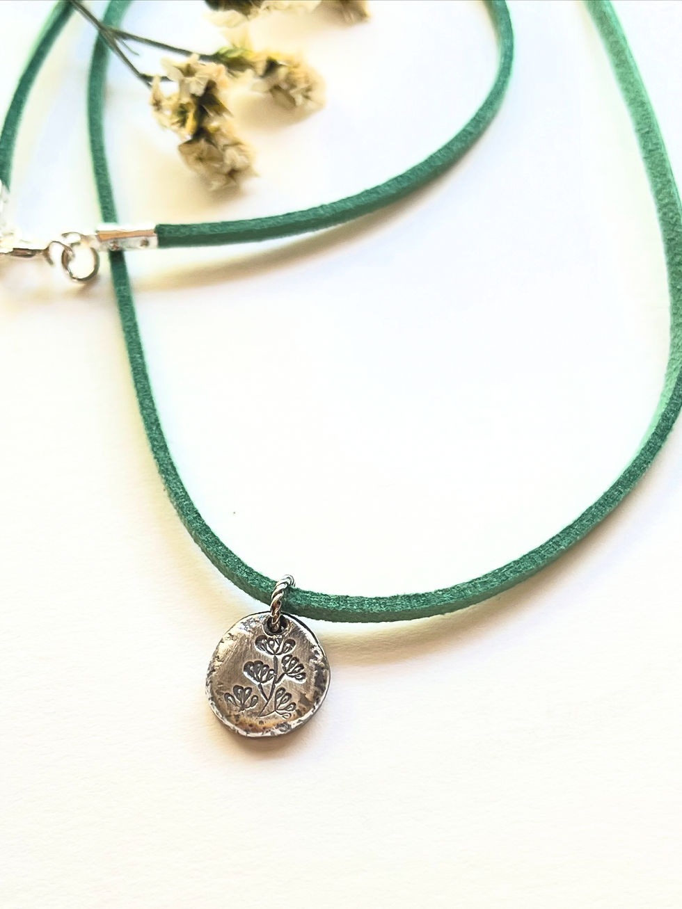 Thumbnail: Sterling Silver Botanical Nugget Necklace on Suede Cord, Nature Inspired Pendant