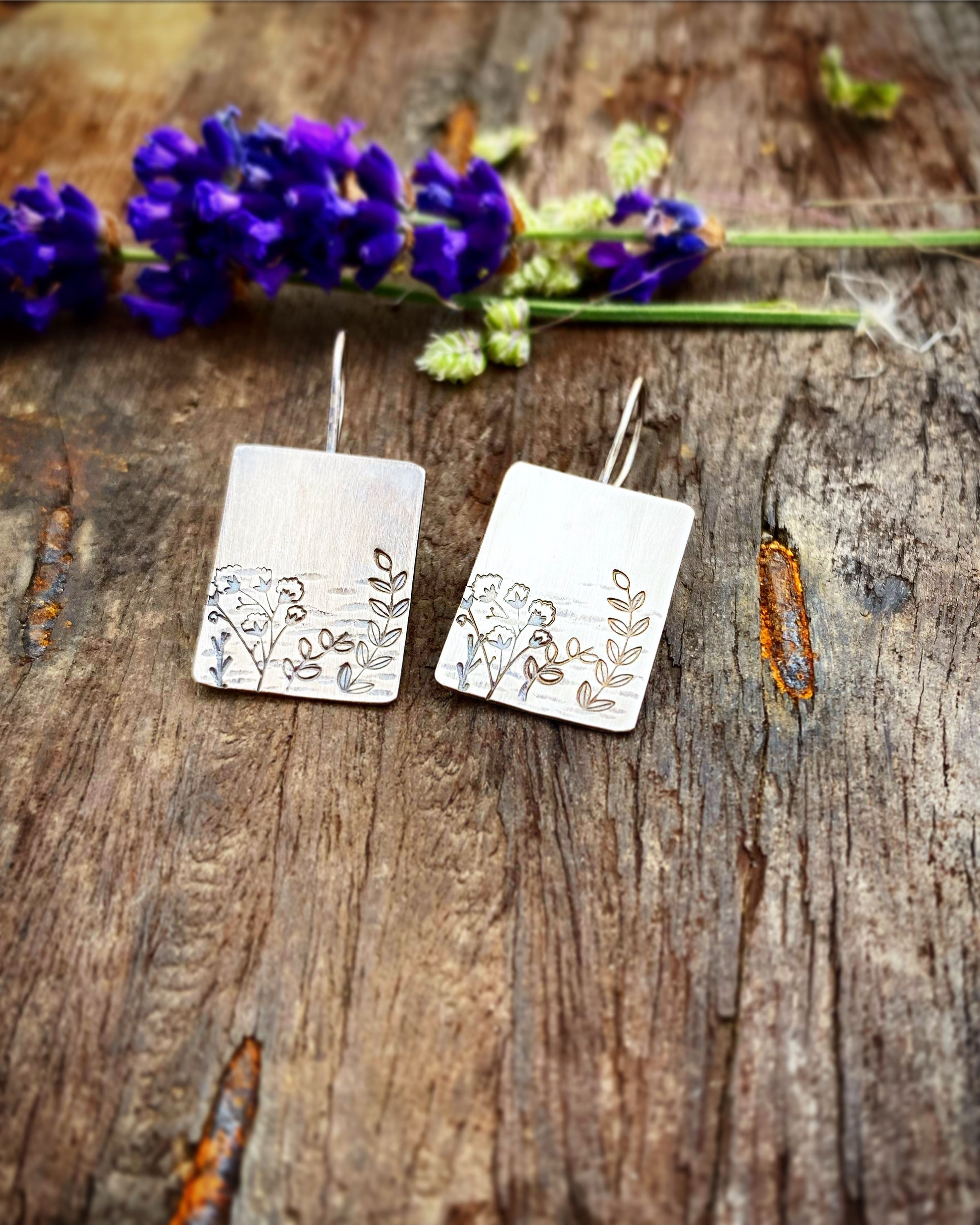 Sterling Silver Rectangle Wild Flower Earrings