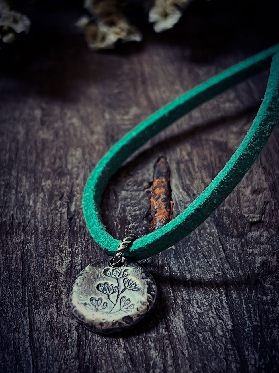 Thumbnail: Sterling Silver Botanical Nugget Necklace on Suede Cord, Nature Inspired Pendant