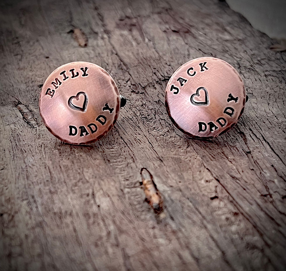 Thumbnail: Copper cufflinks for Dad personalised with children's names, shown on a light background with dried flowers.