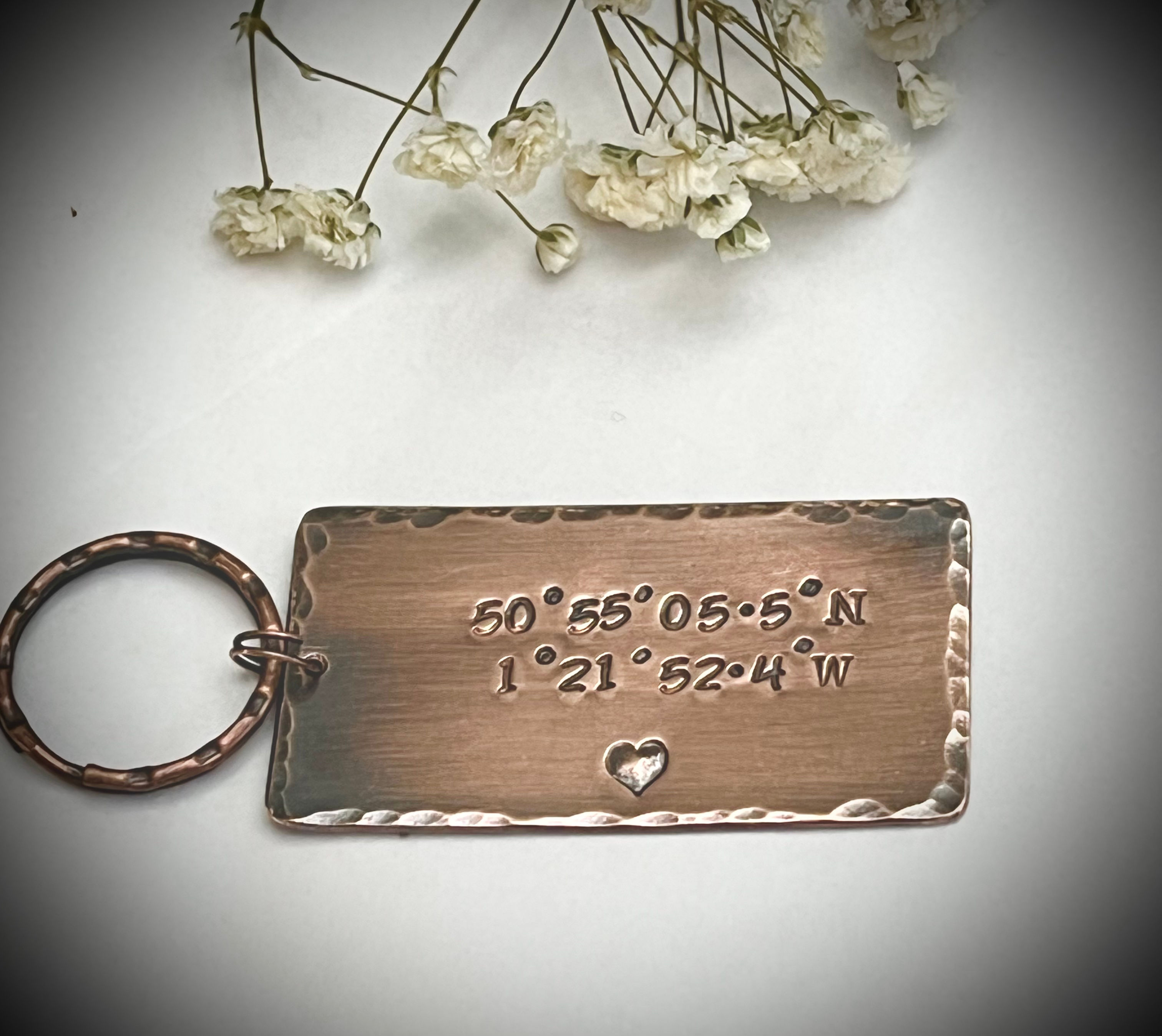 personalised copper keyring with coordinates