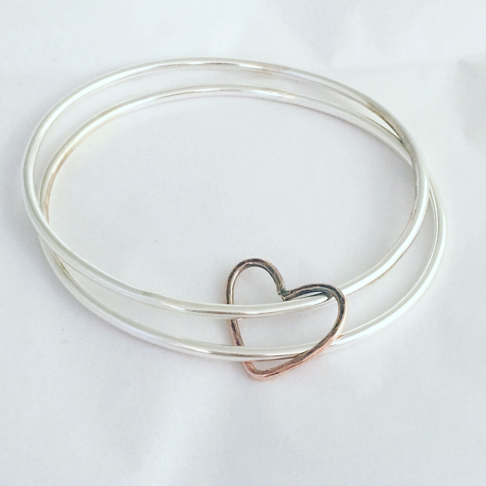 Sterling Silver Set of Two Hammered Bangles with Heart Detail