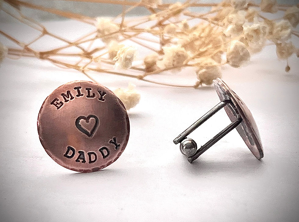Thumbnail: Copper Dad cufflinks with personalised names and heart motif, handcrafted as a meaningful gift for fathers.