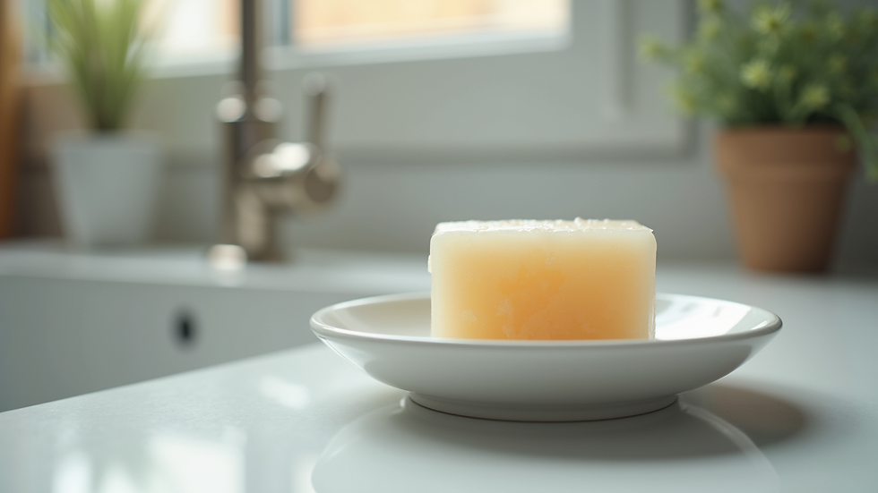 Eye-level view of a soap dish holding a drying eco-friendly dish soap cube near a kitchen sink