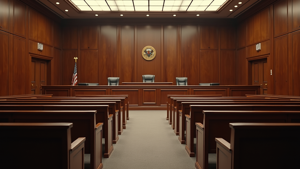 High angle view of a courtroom with empty seats and judge's bench