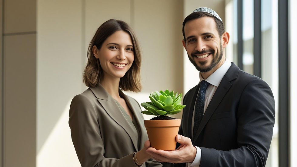 זוג עורכי דין מחייכים מחזיקים צמח ליעוז בלסיאנו משרד עורכי דין בבת ים והסביבה | מומחים בבשורות טובות