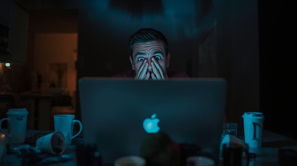 אדם בעבודה לילית על כתבי התביעות שלו שקיבל מגרושתו, שותה כמה כוסות קפה ונראה מבוהל | ליעוז בלסיאנו משרד עורכי דין