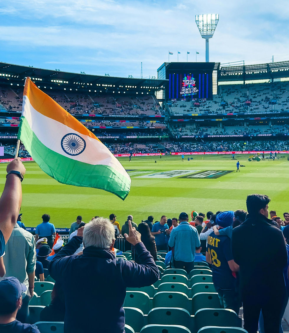 Crowd at a cricket stadium, a person waves the Indian flag.