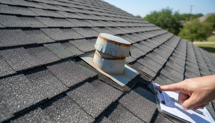 Close-up view of worn asphalt shingles on an older residential roof.