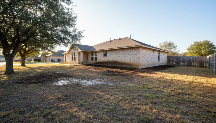 Wide-angle view of a large residential yard with low grading near a slab foundation.