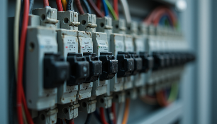 Close-up view of an overloaded electrical panel with double-tapped breakers in a residential home