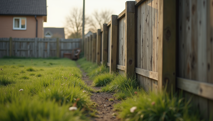 Eye-level view of a leaning wooden fence with rotting posts in a suburban backyard
