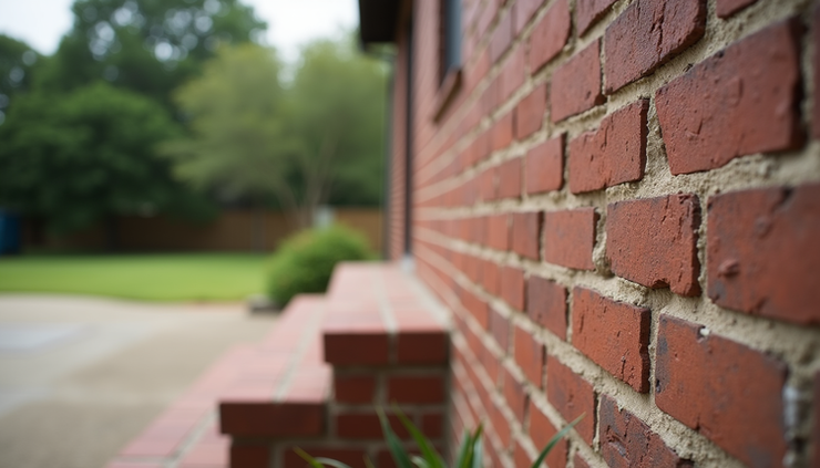 Eye-level view of stair-step cracks on brick veneer of a North Harris County home