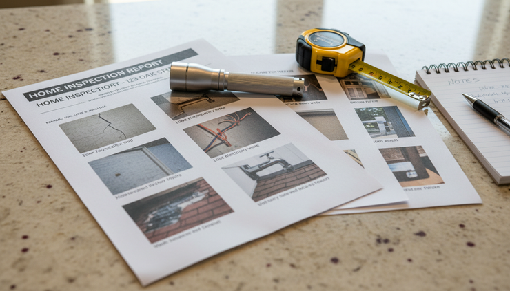 Close-up view of an inspection report with photos beside a tape measure and flashlight.