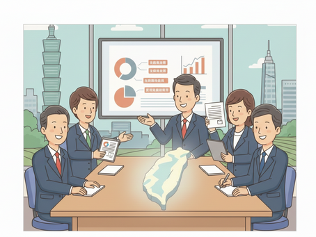 外資來台設立公司流程圖，專業顧問說明子公司與分公司差異，背景為台北101與台灣地圖商務插畫。