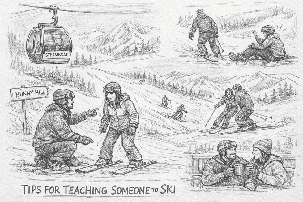 Sketch that shows me teaching my girlfriend how to ski during our recent trip to Steamboat.