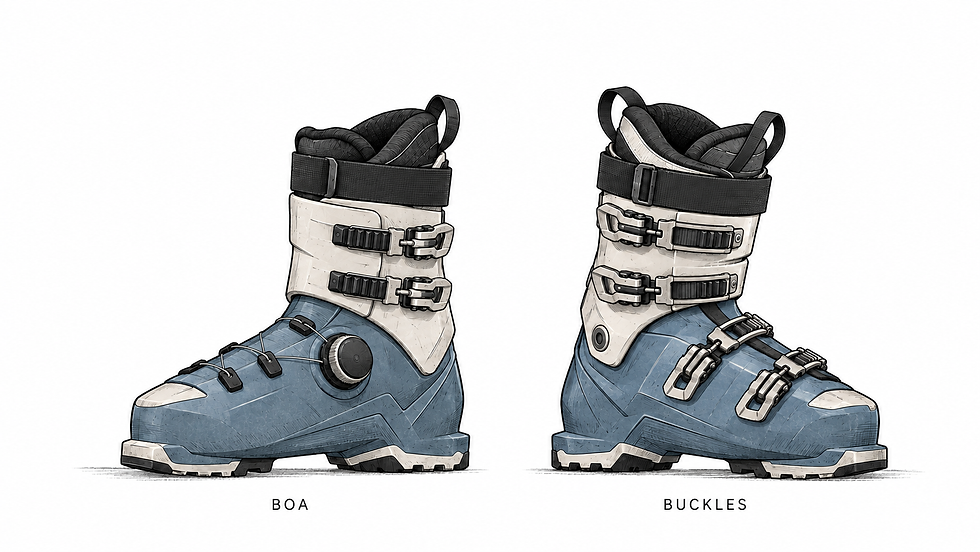 Illustrated comparison of a BOA ski boot with dial-and-cable closure and a traditional four-buckle ski boot.