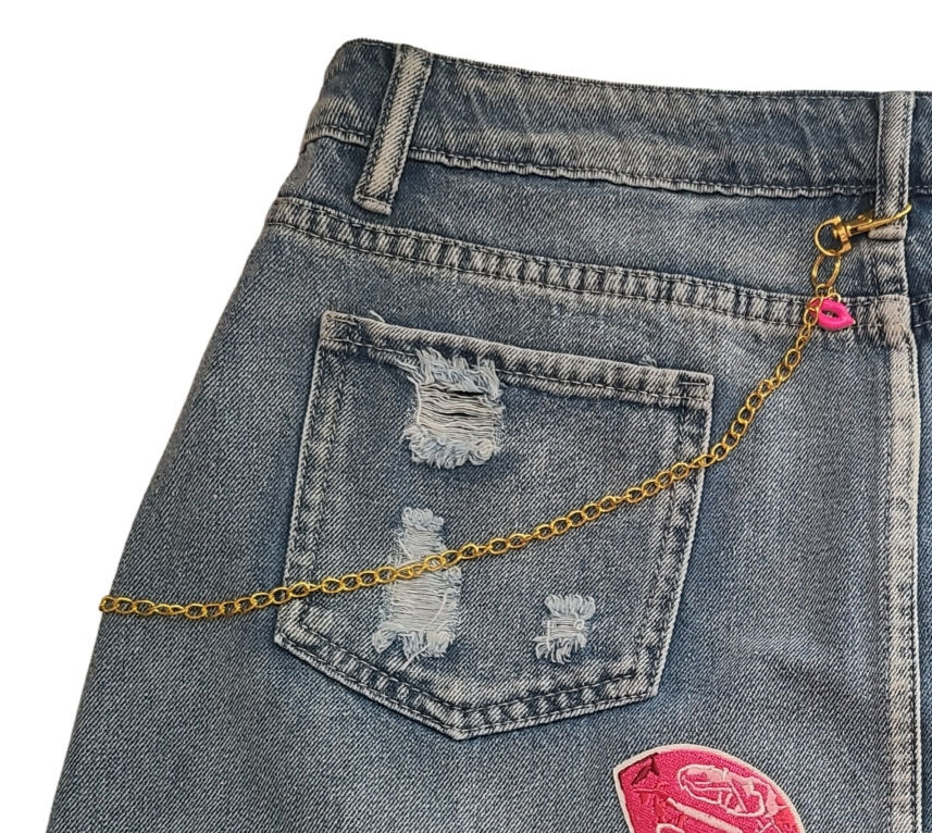 Thumbnail: Little Miss Drama Concert Denim Skirt - Close up of back chain