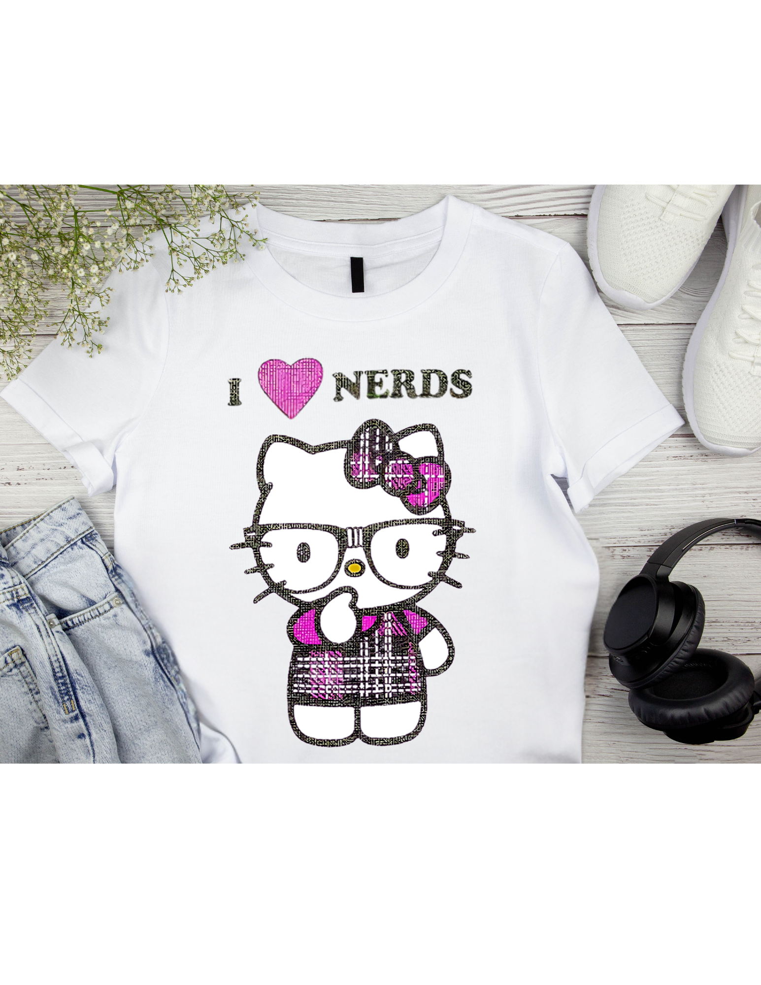 Cute Nerdy, Kitty T-Shirt, I Love Nerds Tee, Geeks Pink Kitty T-Shirt