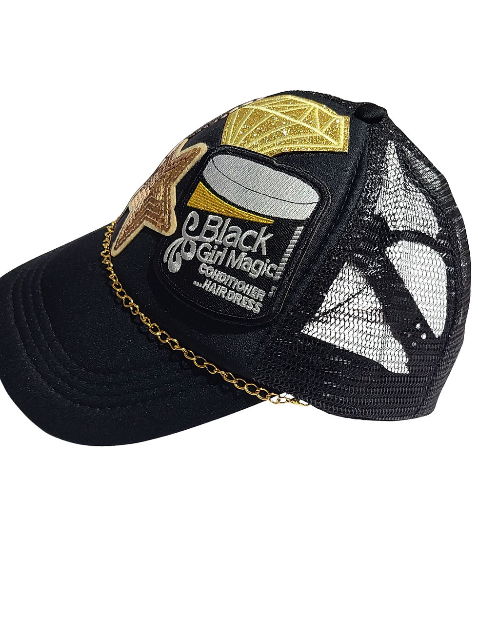 Thumbnail: Black Excellence Luxe Chain Trucker Hat – Melanin Glam Collection - Left side